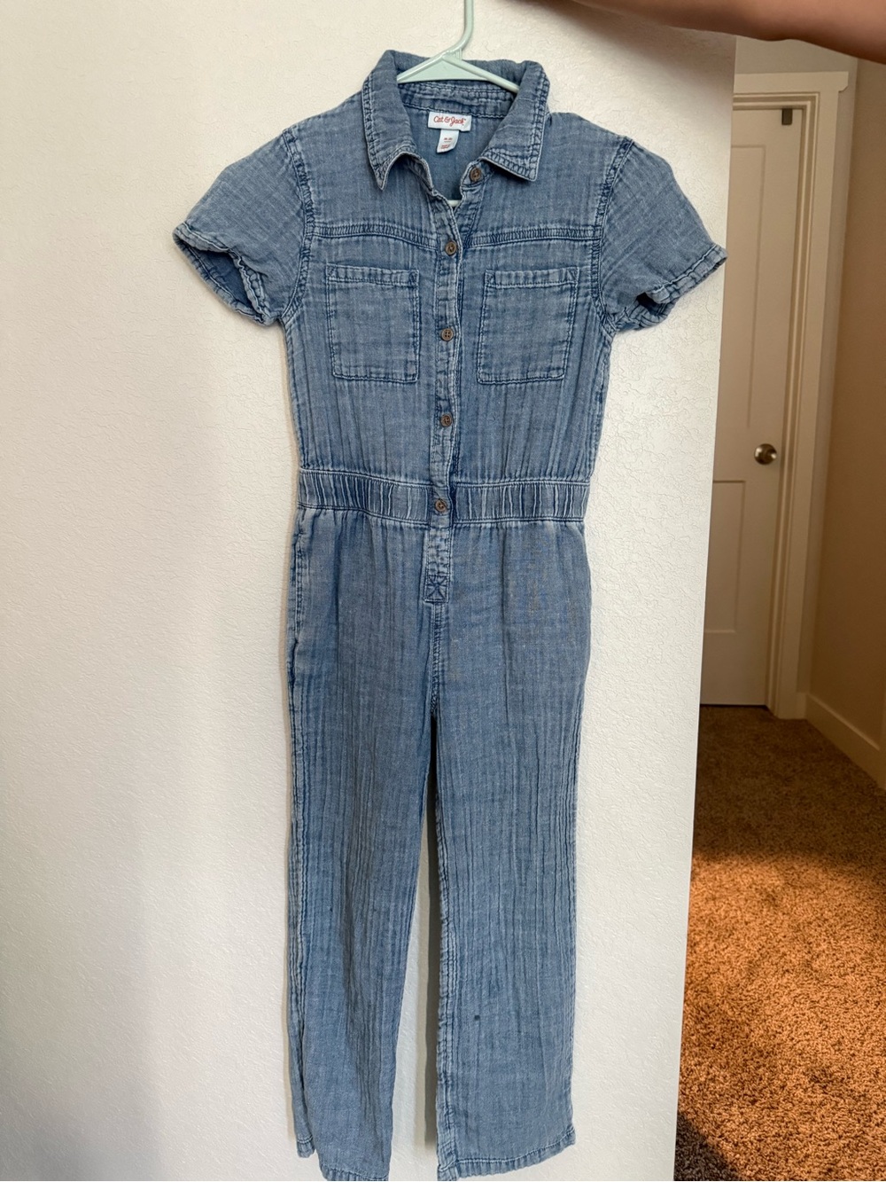 Kids Cat & Jack Light Blue Denim Short-Sleeve Jumpsuit One-Piece, size 8